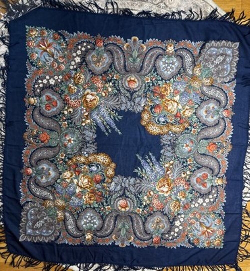 Vtg Pavlovo Posad Russian Wool Shawl Scarf 59" Square Blue Floral Fringe Large